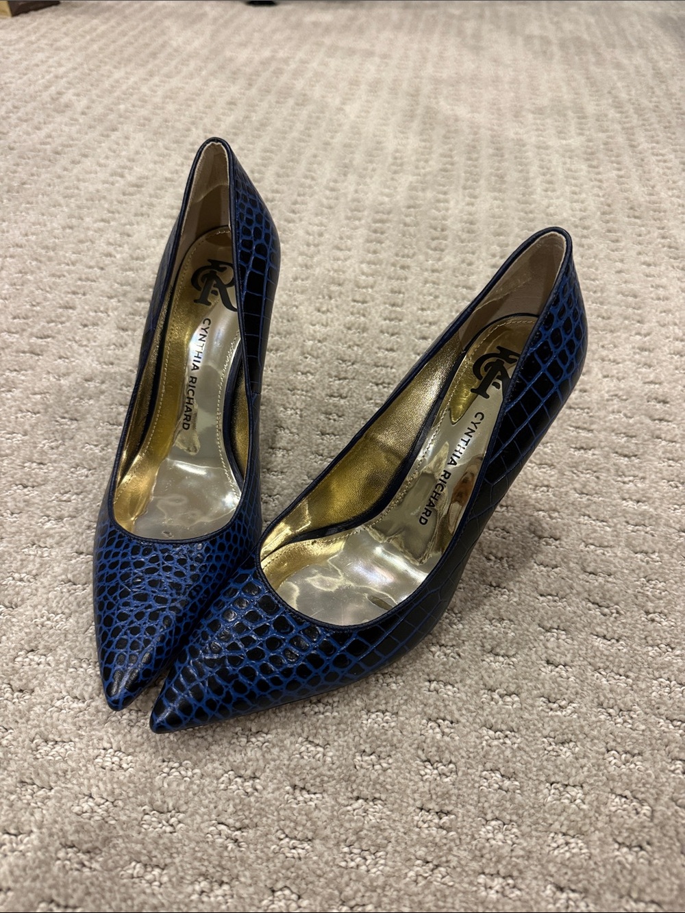 Blue Croc-Embossed Pointed Toe Pumps